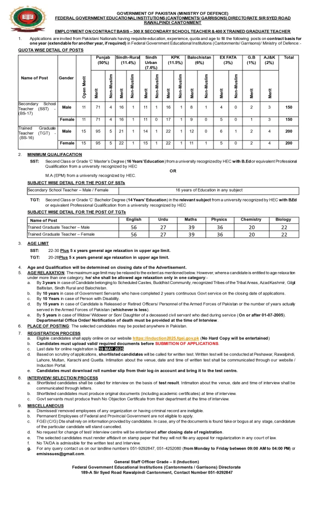 Federal Government Educational Institutions (Cantts/Garrisons) - Ministry of Defence Jobs 1 finalized advertisement